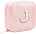 Preppy Personalized Chenille Letter Makeup Bag - Pink, Corduroy, Zipper Pouch for Women & Men (Letter J)