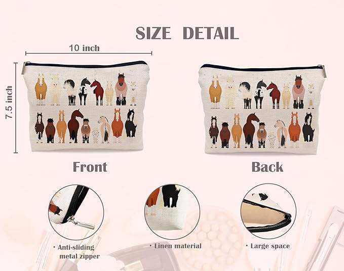 Lacosu Cartoon Various Breeds Of Horses Group Makeup Bag Cosmetic Bag Zipper Pouch Toiletry Bags,Gifts For Horse Lovers Women Girls Horse Riders