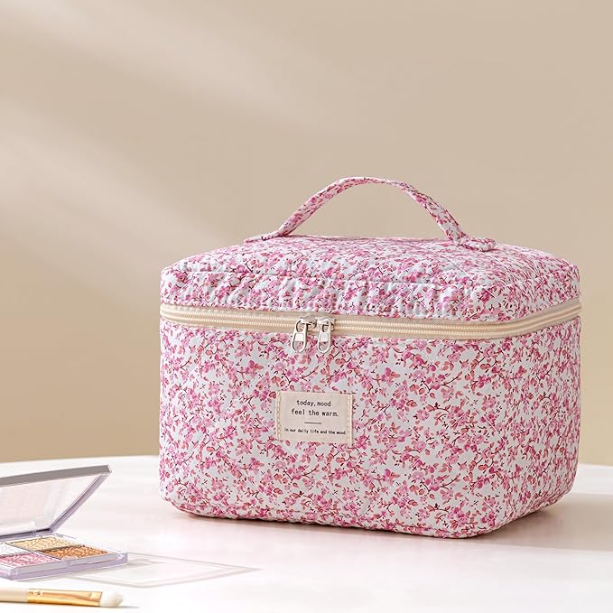HBselect Quilted Makeup Bag, 3Pcs Cotton Large Travel Makeup Bags Organizer