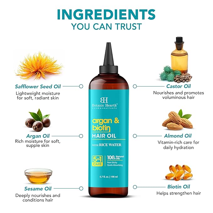 Botanic Hearth 100% Pure Argan & Biotin Oil For Hair Growth & Hair Treatment Oils 6.7 Fl oz