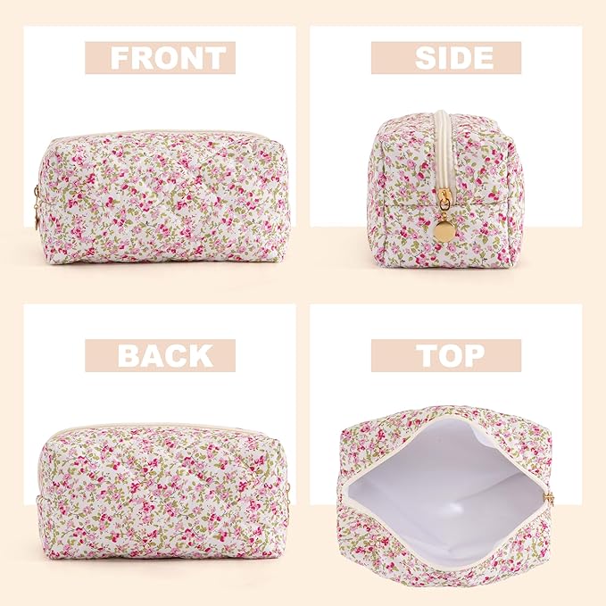 UUYUUY Makeup Bag Travel Toiletry Bag for Women, Small Floral Cosmetic Bags Cute Quilted Cotton Makeup Pouch for Purse Emergency Bag Pencil Case Accessory Bag, Spring