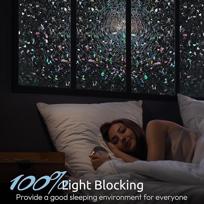 rabbitgoo Window Privacy Film Rainbow Film Decorative Window Sticker, 3D Static Stained Glass Cling Tint for Room Darkening Day Sleep, Black, 23.6 x 157.4 inches