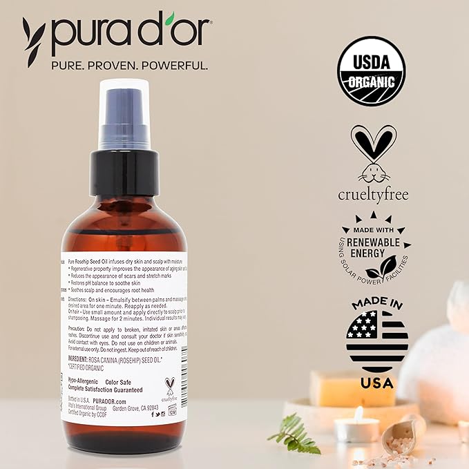 PURA D'OR ORGANIC Rosehip Seed Oil 100% Pure Cold Pressed USDA Certified For Hair, Skin, Scalp, Anti Aging Face & Body - Hexane Free Glass Bottle - 4 Oz - Ayurvedic Hair Care