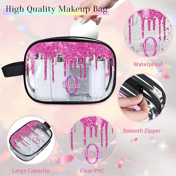KFNHN Custom Name Transparent Makeup Bag Travel, Clear Toiletry Bag Travel Large Capacity PVC Cosmetic Container Organizer for Shampoo, Deep Pink Water Fluid Shape Glittering