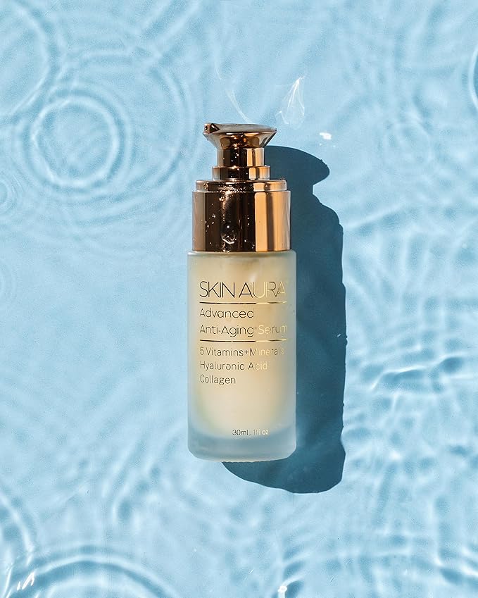SKIN AURA™ Advanced Anti-Aging Serum | All-In-One Sensitive Formula for Wrinkles, Fine Lines & Age Spots | Plant Derivative with Hyaluronic Acid, Collagen Peptides, 5 Vitamins + Minerals - 30ml (1oz)