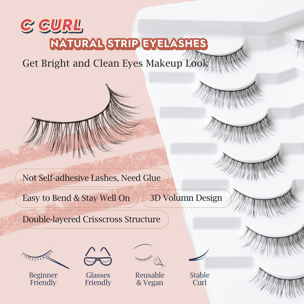 Natural Lashes Eyelashes Wispy 10MM Short Lashes Thin Band Strip Lashes 3D Volume Lashes False Eyelashes C Curl Soft Lash Pack 7 Pair Siligli