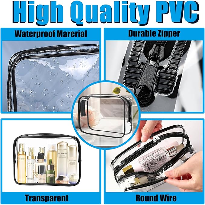 Eilyliafe 12 Pcs Clear Makeup Bag PVC Waterproof Zippered Clear Cosmetic Toiletry Makeup Carry Pouch for Women Men Vinyl Plastic Organizer Case for Vacation Bathroom (Small, Black)