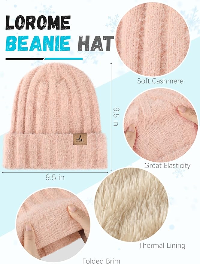LOROME Winter Beanie Hat Gloves Scarf, Cashmere Hat Gloves Scarf Set Women
