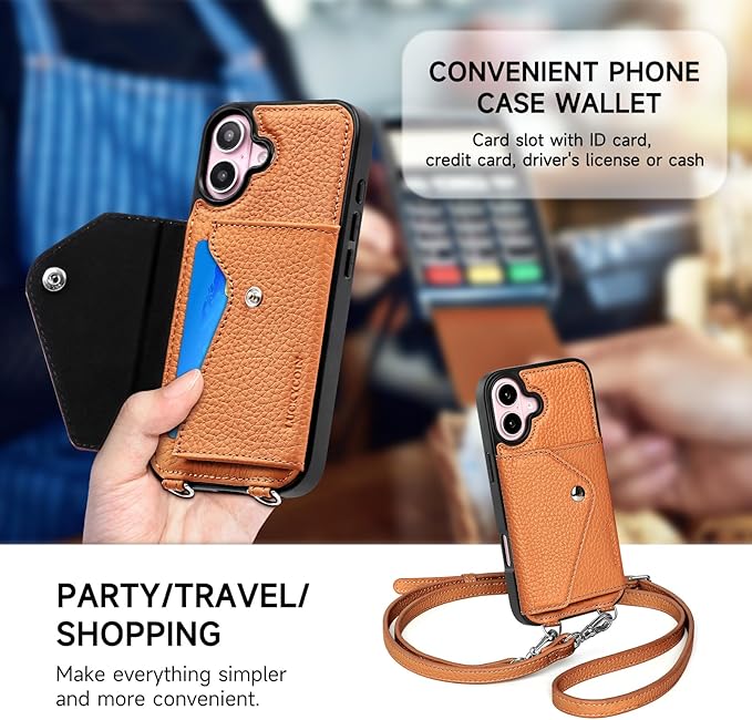 LUCKYCOIN Crossbody Phone Case for iPhone 16,100% Genuine Leather Phone Wallet Case for Women, Fashion Premium Hands-Free Phone Purse with Expandable Flip Card Holder & Adjustable Strap - Pebble Brown