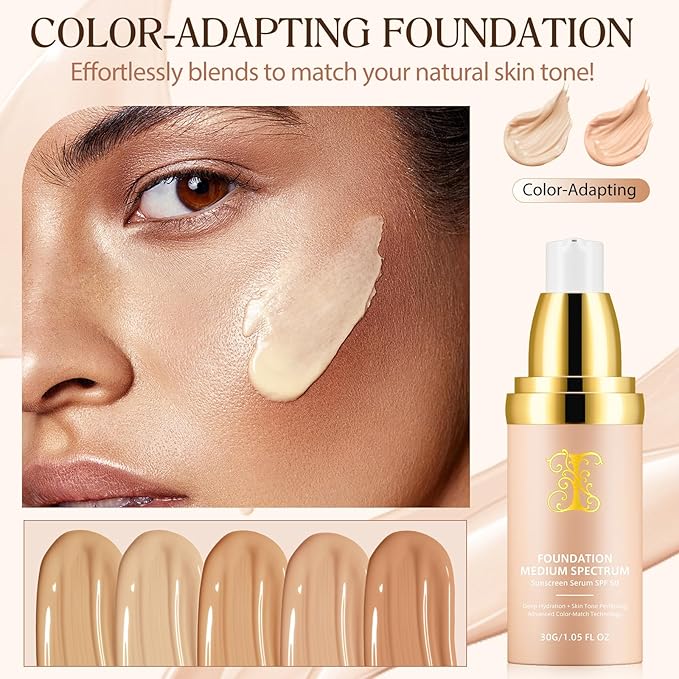 Colour Changing Foundation Liquid 4 in 1, Foundation for Older Women, Hydrating Longwearing & Waterproof Concealer, SPF 50+ Makeup Base Nude Face, Foundation Medium Spectrum for all Skin