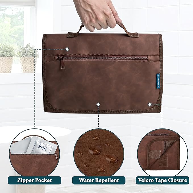 PAVILIA Hanging Toiletry Bag for Women Men, Large Foldable Toiletries Organizer with Hook, Water-Resistant Makeup Cosmetic Rollup Case, Clear Pockets for Bathroom, Gym, Cruise (Brown)