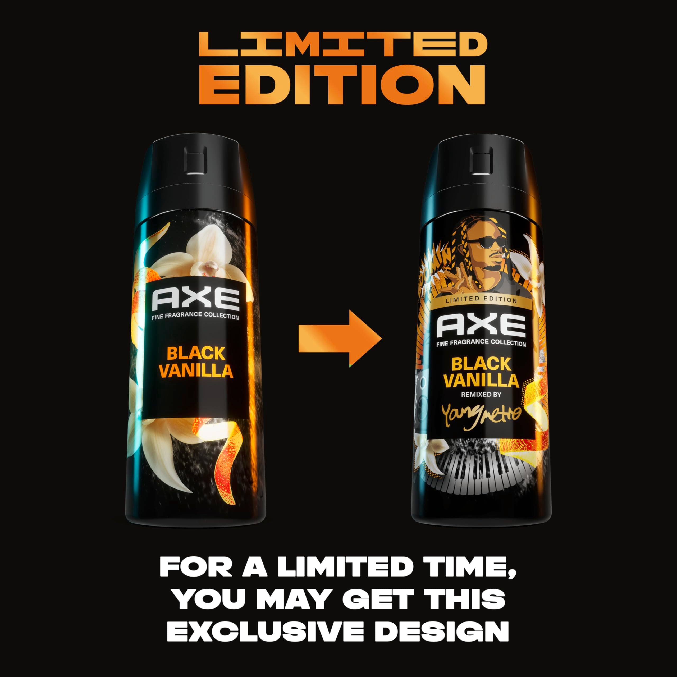AXE Fine Fragrance Collection Premium Body Spray Black Vanilla with Orange + Sandalwood with 72H Odor Protection Aluminum-Free 4 oz