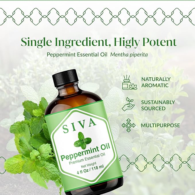 Siva Peppermint Essential Oil 4 Fl Oz – for Diffuser, Skin & Hair Care – Ideal for Aroma, Massage & DIY Blends- with Dropper
