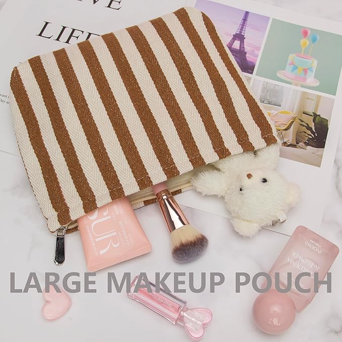Flat Makeup Bag for Women,Zipper Cosmetic Pouch for Purse,Stripe Coffee