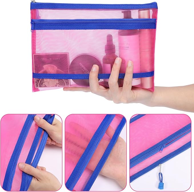 Sinzip 12 Pieces Zipper Nylon Mesh Pouch, Mesh Cosmetic Bags Makeup Bags Pencil Case, Multipurpose Travel Bags for Cosmetic School Office Supplies and Travel Accessories (2 Layers-Hot Pink, A5)