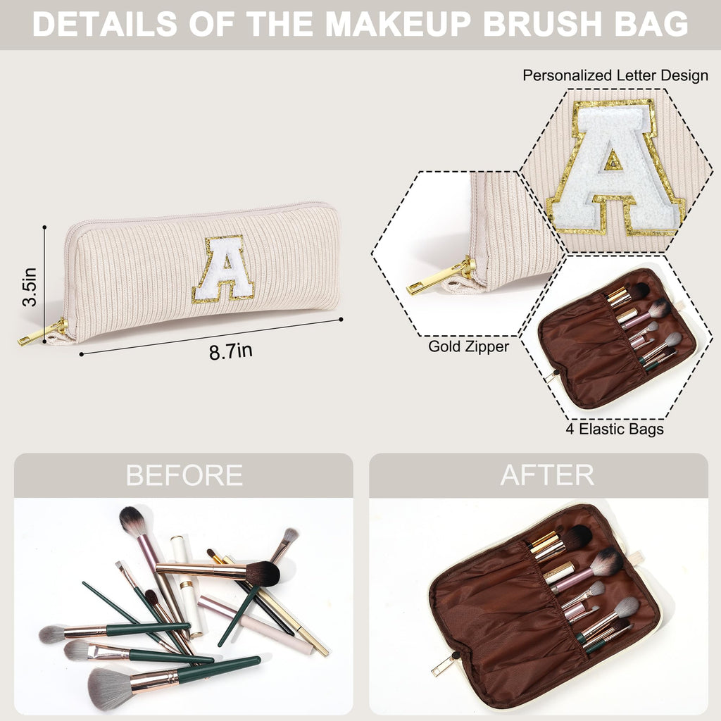 YOOLIFE Travel Makeup Bags for Women - Initial White Small Makeup Bag Makeup Pouch with Brush Pouch Makeup Bag Travel Must Haves 2 Pieces Cute Makeup Bag Best Friend Birthday Gifts for Women Letter E