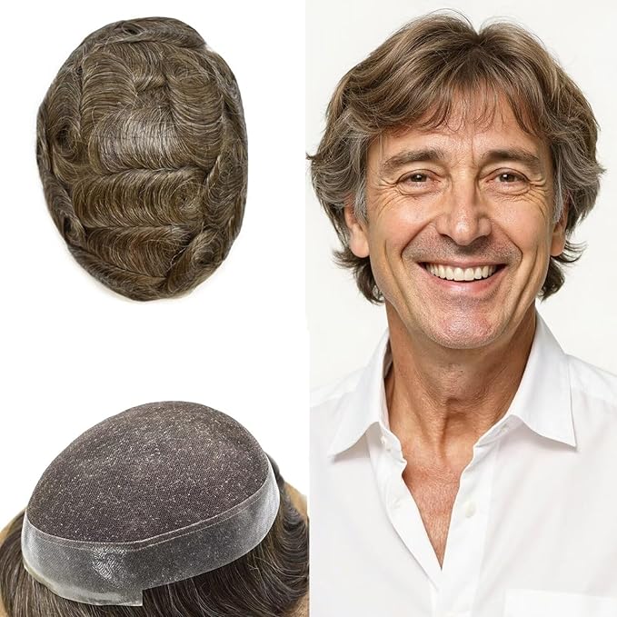 FACE MIRACLE Hair System for Men French Lace Mens Toupee Human Hair Replacement System Lace with PU Toupee for Men Male Hair Piece Wigs 6"X9" #520 5# MEDIUM LIGHT BROWN WITH 20% SYNTHETIC GREY