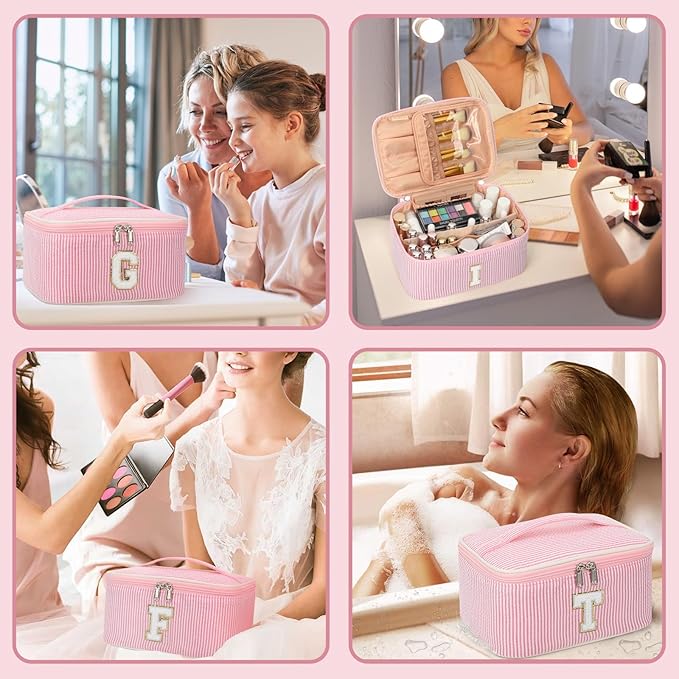 OCHEAL Makeup Bag for Women, Monogram Cosmetic Bag Pink Travel Makeup Case Beauty Toiletry Bag Organizer Personalized Gifts for Girls Bridesmaid, Sister, Wife, Friends Initial L