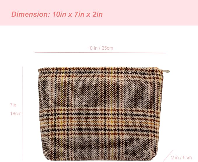 PAZIMIIK Makeup Bags for Purse Zipper Cosmetic Pouch Large Travel Canvas Make Up Organizer Tool Pouch for Women and Girls,Plaid Brown