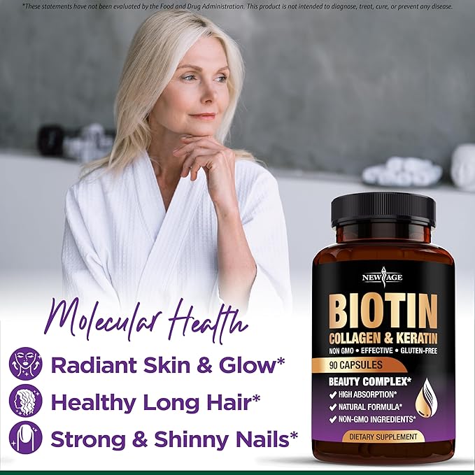 NEW AGE Biotin Collagen Keratin Hyaluronic Acid - Hair Growth Vitamins for Men and Women, Nails, Hair, Skin Vitamins and DHT Blocker with Vitamin E Folic Acid Pumpkin Seed MSM- 180 Count