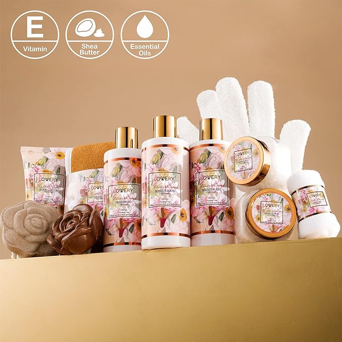 LOVERY Vanilla Coconut Bath & Spa Gift Set, 13pc Spa Gift Basket, Gifts for Women & Men, Bath Bomb, Body Lotion, Bubble Bath & More