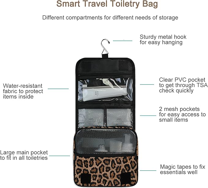 senya Hanging Travel Toiletry Bag Kit Makeup Case Cosmetics Organizer for Men Women leopard
