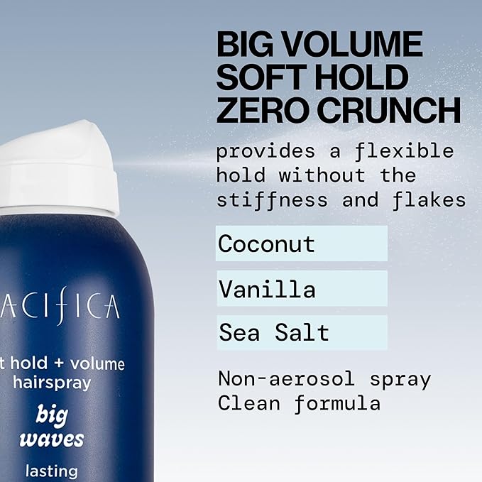 Pacifica Big Waves Coconut, Vanilla & Sea Salt Hairspray – Soft Hold Wavy Hair Texture Spray – Adds Volume & Controls Frizz, Travel Size Beach Hair Essential for Women – Vegan & Cruelty-Free – 6oz
