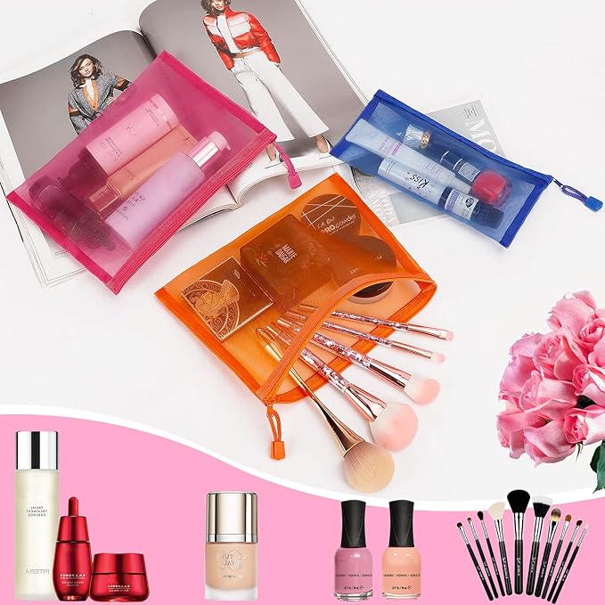 Sinzip 12 Pieces Zipper Nylon Mesh Pouch, Mesh Cosmetic Bags Makeup Bags Pencil Case, Multipurpose Travel Bags for Cosmetic School Office Supplies and Travel Accessories (Multicolored 01, A5+B6)