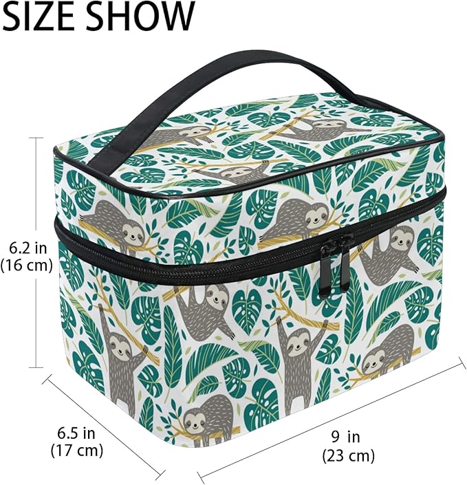 MNSRUU Makeup Bag, Cute Sloths And Tropical Palm Leaves Travel Makeup Organizer Bag Cosmetic Cases Toiletry Bags for Girl Women Ladies