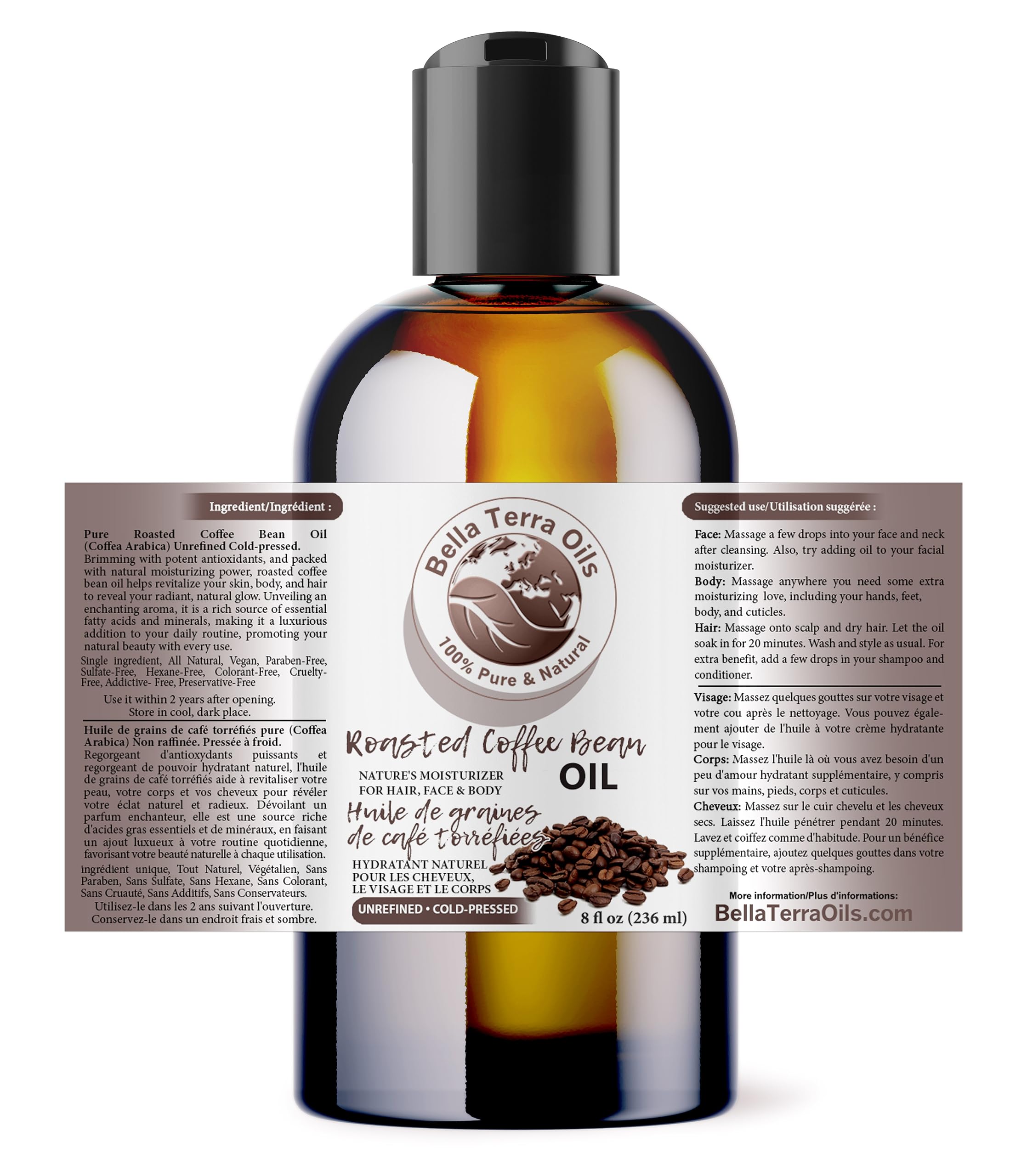 Bella Terra Oils – Roasted Bean Oil 8 oz – Pure Extract from Roasted Seeds, Enriched with Fatty Acids, An Elixir for Skin