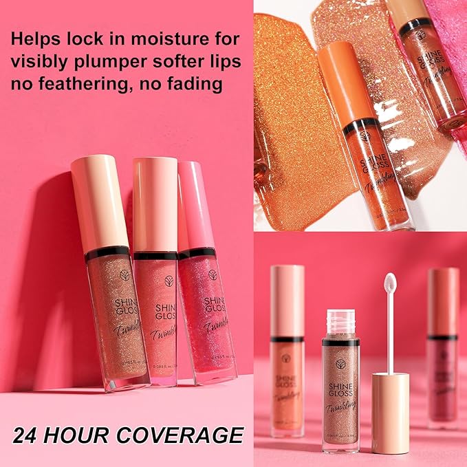 Metfdlaig Red Lip Gloss Women Girls Plumping Lip Gloss Glitter Tinted Lip gloss Oil Plumper Hydrating Long Lasting Moisturizing Non Sticky Makeup lip gloss (08# Rose Red Shimmer)