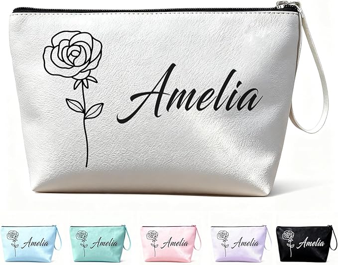 Bliver Personalized Makeup Bag Initial&Birth Flower Custom Small Travel Cosmetic Bag with Name Cute Makeup Bag for Women Girls