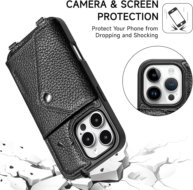 LUCKYCOIN Crossbody Phone Case for iPhone 16 Pro,100% Genuine Leather Phone Wallet Case for Women, Premium Hands-Free Phone Purse with Expandable Flip Card Holder & Adjustable Strap - Pebble Black
