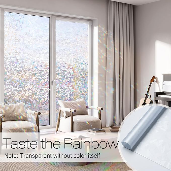 rabbitgoo Rainbow Window Privacy Film, Stained Glass Cling, 17.5" x 157.4"