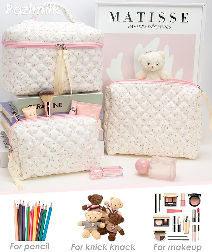 3 Piece Quilted Makeup Bag Set for Women,Cosmetic&Toiletry Bag,Flower Pink
