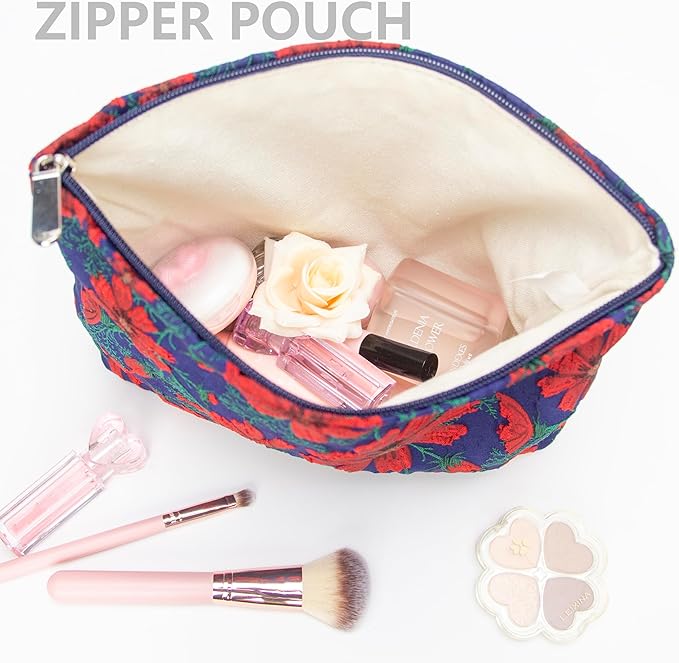 Flat Makeup Bag for Women,Zipper Cosmetic Pouch for Purse,Brocade Navy Blue