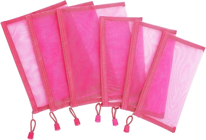 Sinzip 12 Pieces Zipper Nylon Mesh Pouch, Mesh Cosmetic Bags Makeup Bags Pencil Case, Multipurpose Travel Bags for Cosmetic School Office Supplies and Travel Accessories (Hot Pink, A5+B6)
