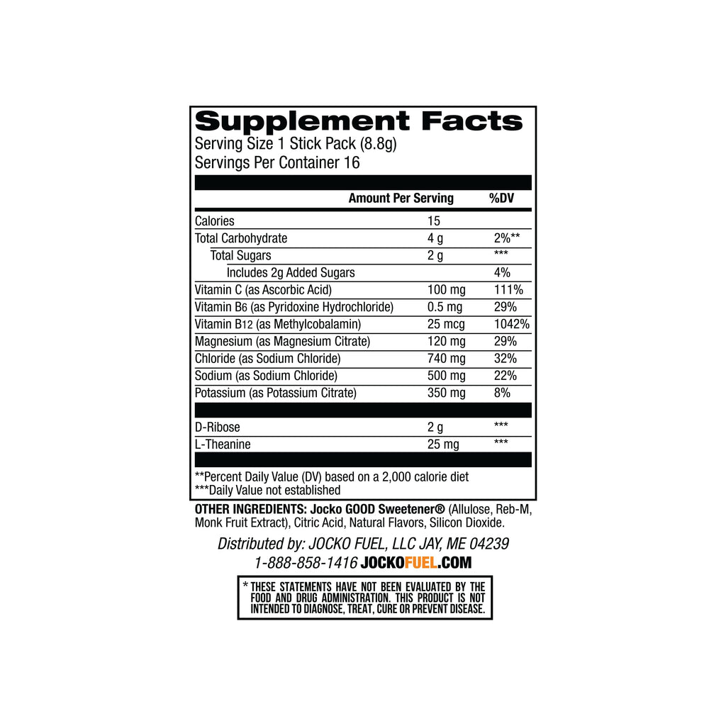Jocko Fuel Hydrate Electrolytes Powder Packets Low Sugar - Hydration Amplifier Packets for Recovery, Dehydration, & Exercise - with Vitamins B6, B12 & C (16 Packets) Island Orange