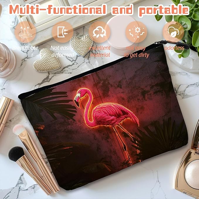 Scribesense Cosmetic Bags Travel Makeup Toilet Case Waterproof Pouch for Women Girls 6.7X9.45inches - Pink Flamingo With Neon Lighting
