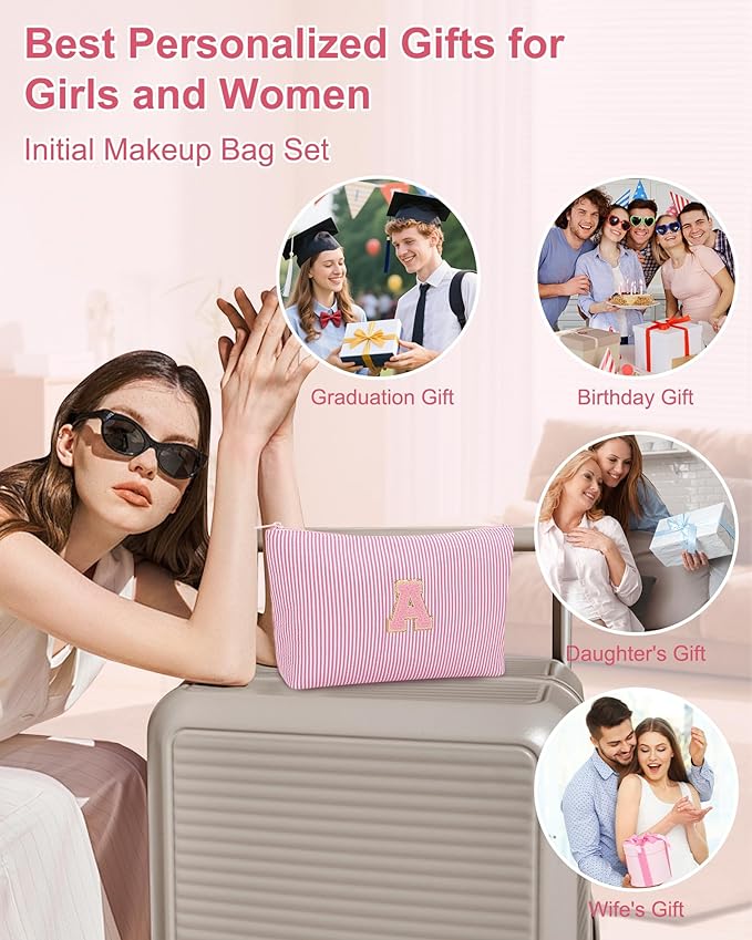 MONSTINA Initial Makeup Bag,Monogram Cosmetic Pouch,Personalized Make Up Case for Girlfriend Graduation Teacher Gifts,Cute Toiletry Bag Preppy Chenille Letter Patch,Pink A