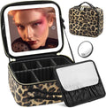 Jadazror Makeup Bag with Light Up Mirror, Lighted Travel Makeup Organizer 3 Colors Adjustable Brightness, Makeup Bag with Mirror and Light, Travel Train Case Portable Cosmetic Bag for Women(Leopard)