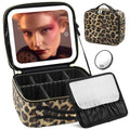 Jadazror Makeup Bag with Light Up Mirror, Lighted Travel Makeup Organizer 3 Colors Adjustable Brightness, Makeup Bag with Mirror and Light, Travel Train Case Portable Cosmetic Bag for Women(Leopard)