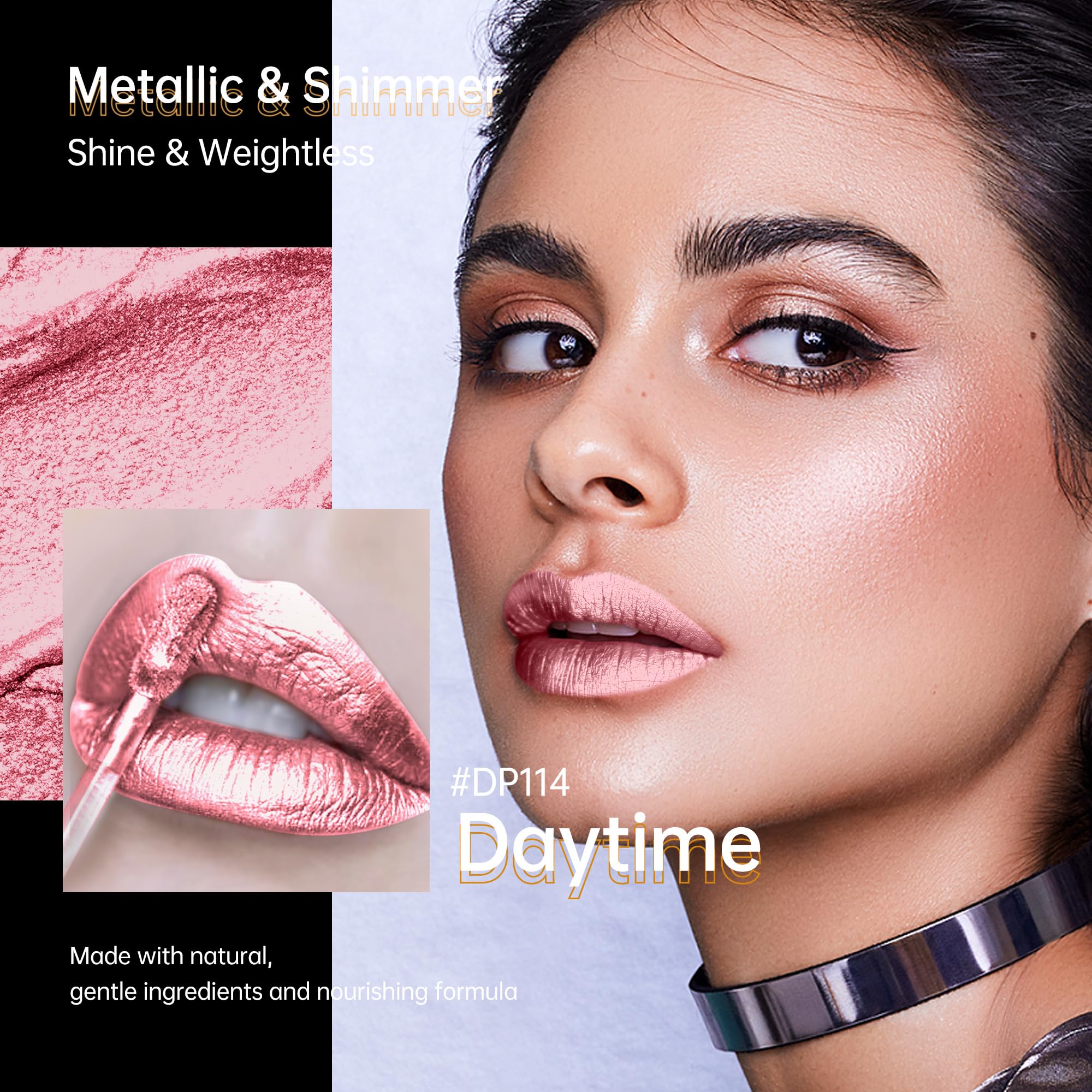 Depuplum Pink Lipsticks for Women Metallic Glitter Lipstick Long Lasting