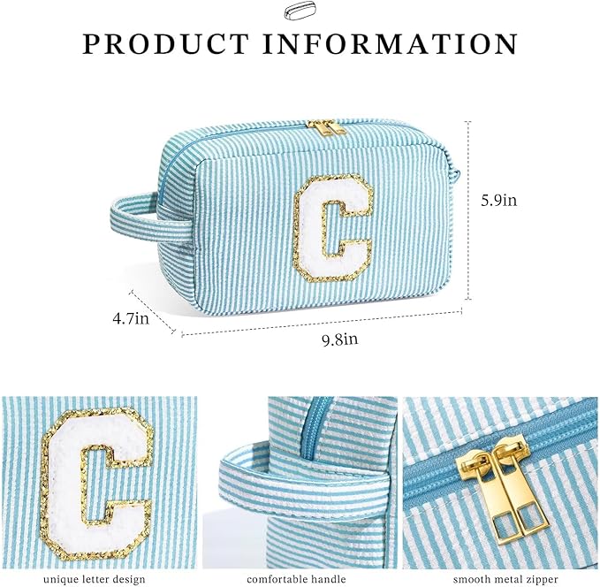 YOOLIFE Birthday Gifts for 6 7 8 9 10 11 12 13 14 15 Year Old Teen Girl - Initial Makeup Bag Letter Toiletry Pouch Cosmetic Case, Personalized Teen Girl Gifts Trendy Stuff Party Favor, Light Blue E