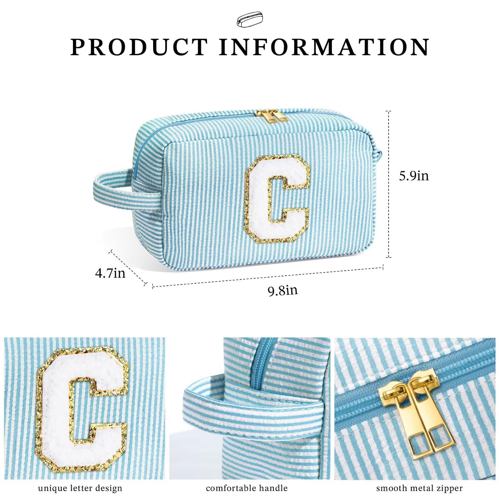 YOOLIFE Gifts for Women Teen Girls Kids - Initial Makeup Bag Cosmetic Bag Toiletry Pouch, Personalized Birthday Gifts for Women Girls Mom Daughter Sister Friends, Light Blue M