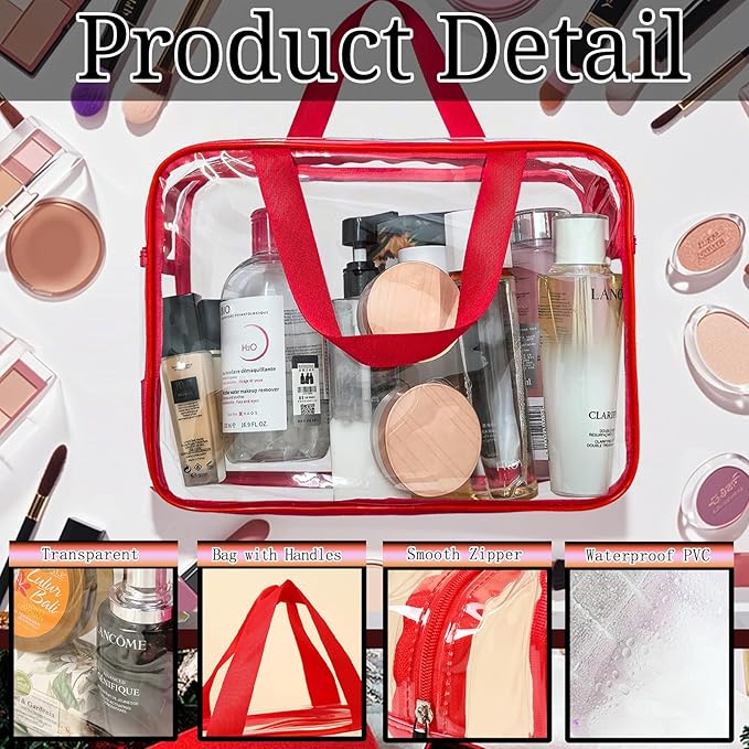 YOQIVEXU 4 Pack Large Clear Makeup Bag, Heavy Duty Plastic Clear Cosmetic Toiletry Organizer Bags with Handle, Waterproof Toiletry Zipper Tote Bags for Travel, Gym, Cosmetic, Toiletry