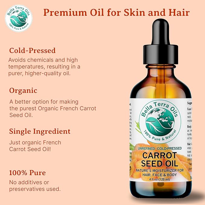 Bella Terra Oils - Natural Carrot Seed Oil 16 oz - Pure Natural Carrot Essence, Offering the Best of Vitamin C & Omega Fatty Acids, The Beacon of Natural Skin Care