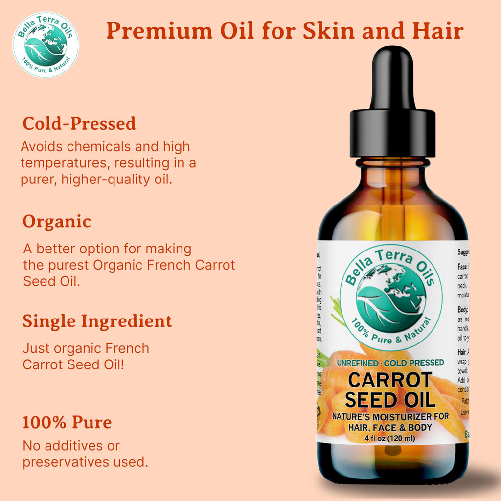 Bella Terra Oils - Organic Carrot Seed Oil 2 oz - Cold-Pressed Elixir, Abundant in Vitamin A & E, Beta-Carotene Richness, Ideal for Nourished Skin Radiance