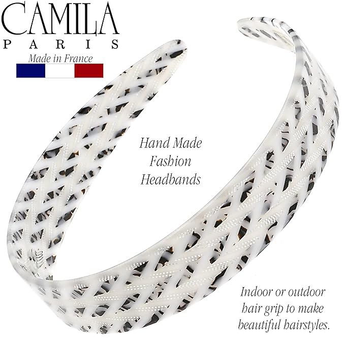 Camila Paris CP3465 French Headband for Women, Handmade White and Gray, Strong Hold Grip Women's Hair Band, Ligth and Very Flexible, No Slip Durable Styling Girls Hair Accessories, Made in France