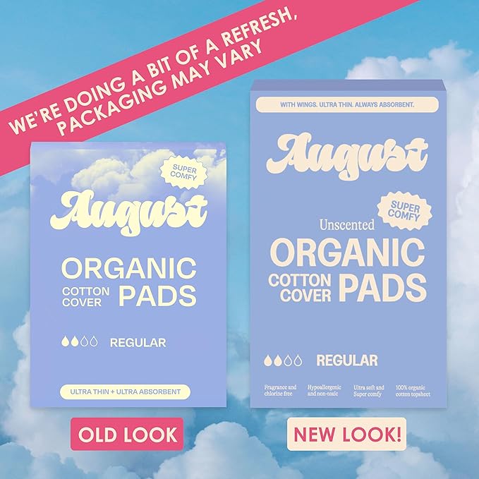 August Organic Pads for Women, 36-Pack Regular Organic Pads with Wings